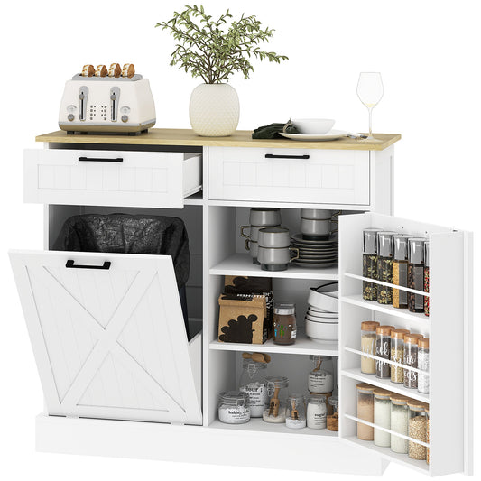 HOMCOM Sideboard with Tilt-out Trash Bin, Farmhouse Kitchen Sideboard with 2 Drawers, Adjustable Shelves, Door Racks, White