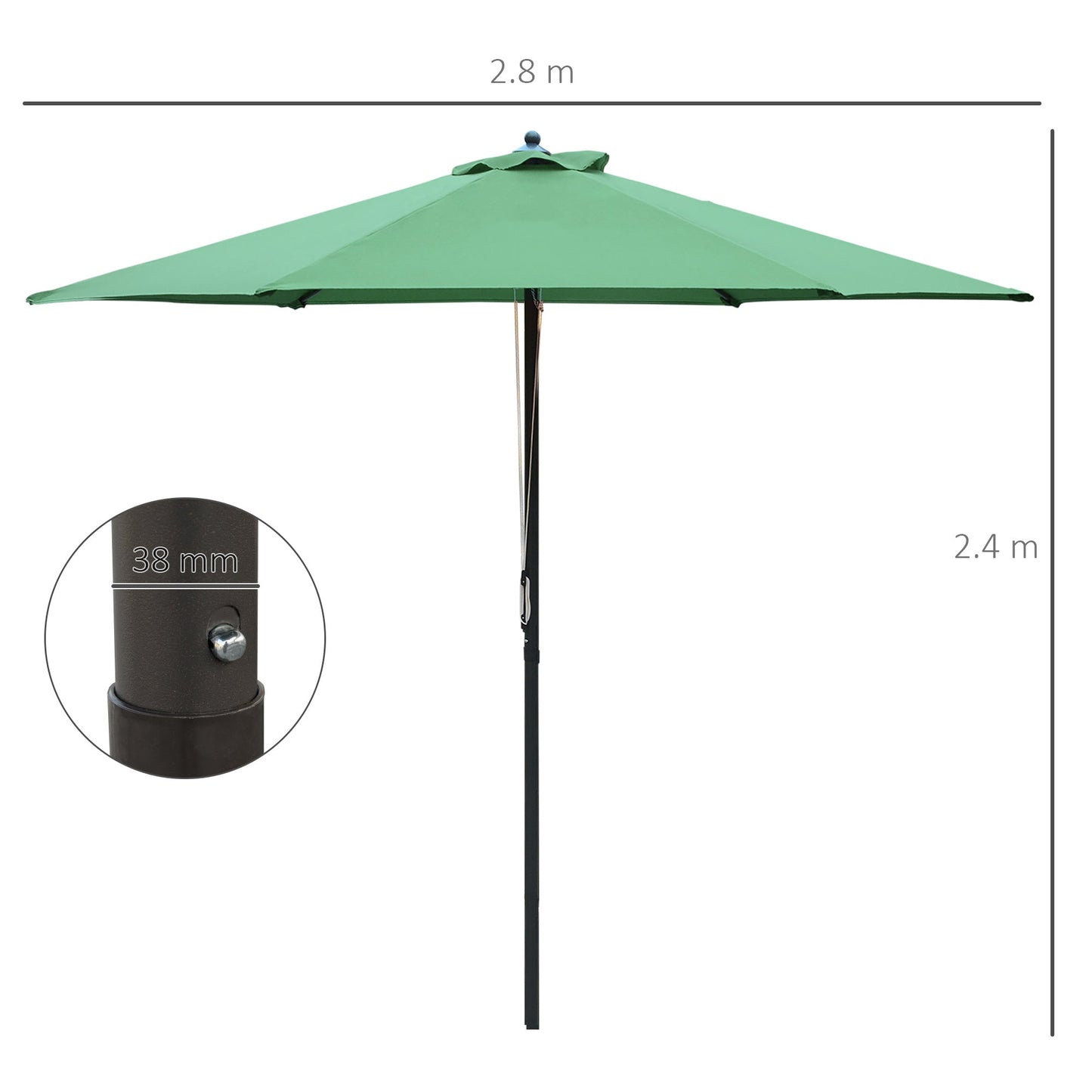 Outsunny 2.8m Garden Parasol Umbrella, Round Outdoor Market Table Umbrella Sun Shade Canopy, Green