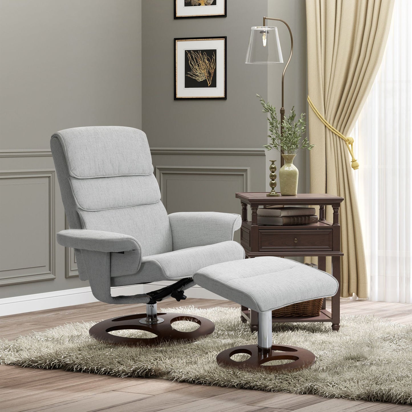 Recliner Chair Ottoman Set 360° Swivel Sofa Stool Modern Soft Thick Padding Wood Base Grey