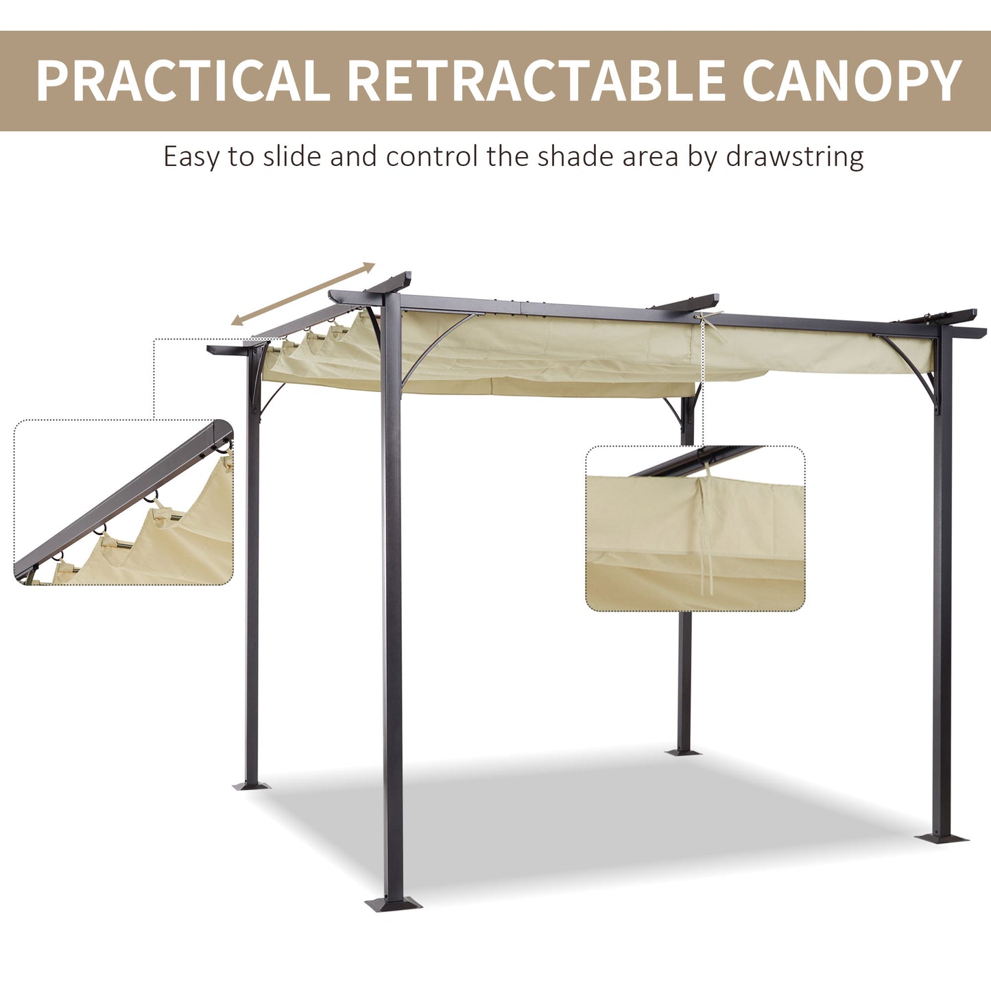 Outsunny 3 x 3(m) Metalowa pergola z chowanym dachem, metalowa altana ogrodowa, zadaszenie pergoli. Zewnętrzny daszek przeciwsłoneczny na imprezę BBQ, beżowy
