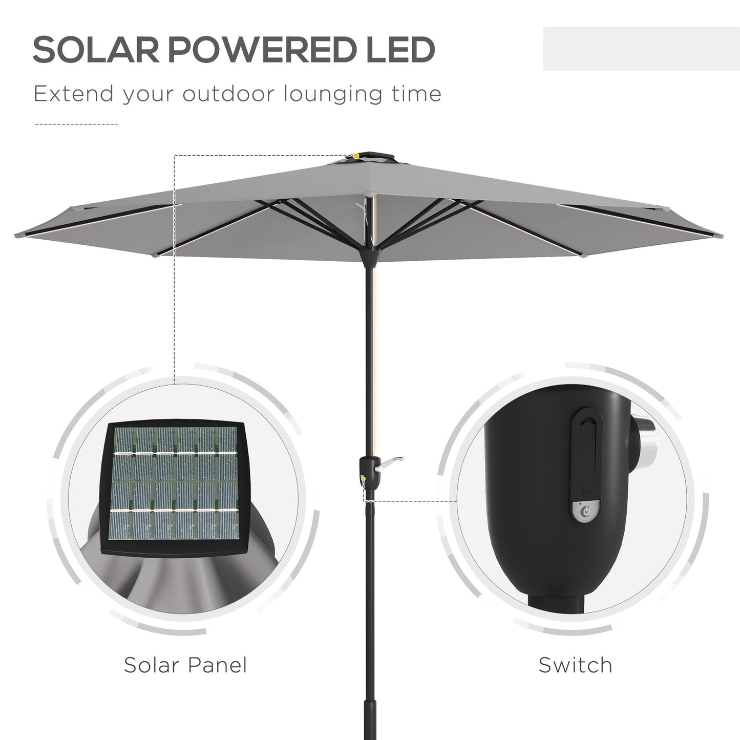 مظلة حديقة من Outsunny مع أضواء LED، مظلة فناء مشحونة بالطاقة الشمسية مع مقبض كرنك، للاستخدام الخارجي، رمادي فاتح