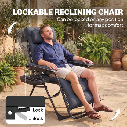 Outsunny Zero Gravity Chair, Folding Sun Lounger Reclining Garden Chair with Arm Pads, Cushion, Cup Holder, Headrest, Dark Grey