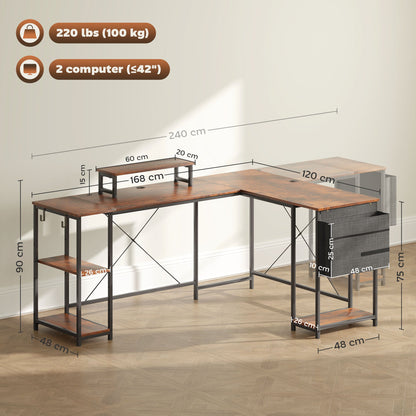 HOMCOM 168cm Biurko w kształcie litery L, odwracalne, industrialne biurko komputerowe narożne z regulowaną półką i torbą do przechowywania, 240cm Biurko dla 2 osób z podstawką pod monitor, rustykalny brąz