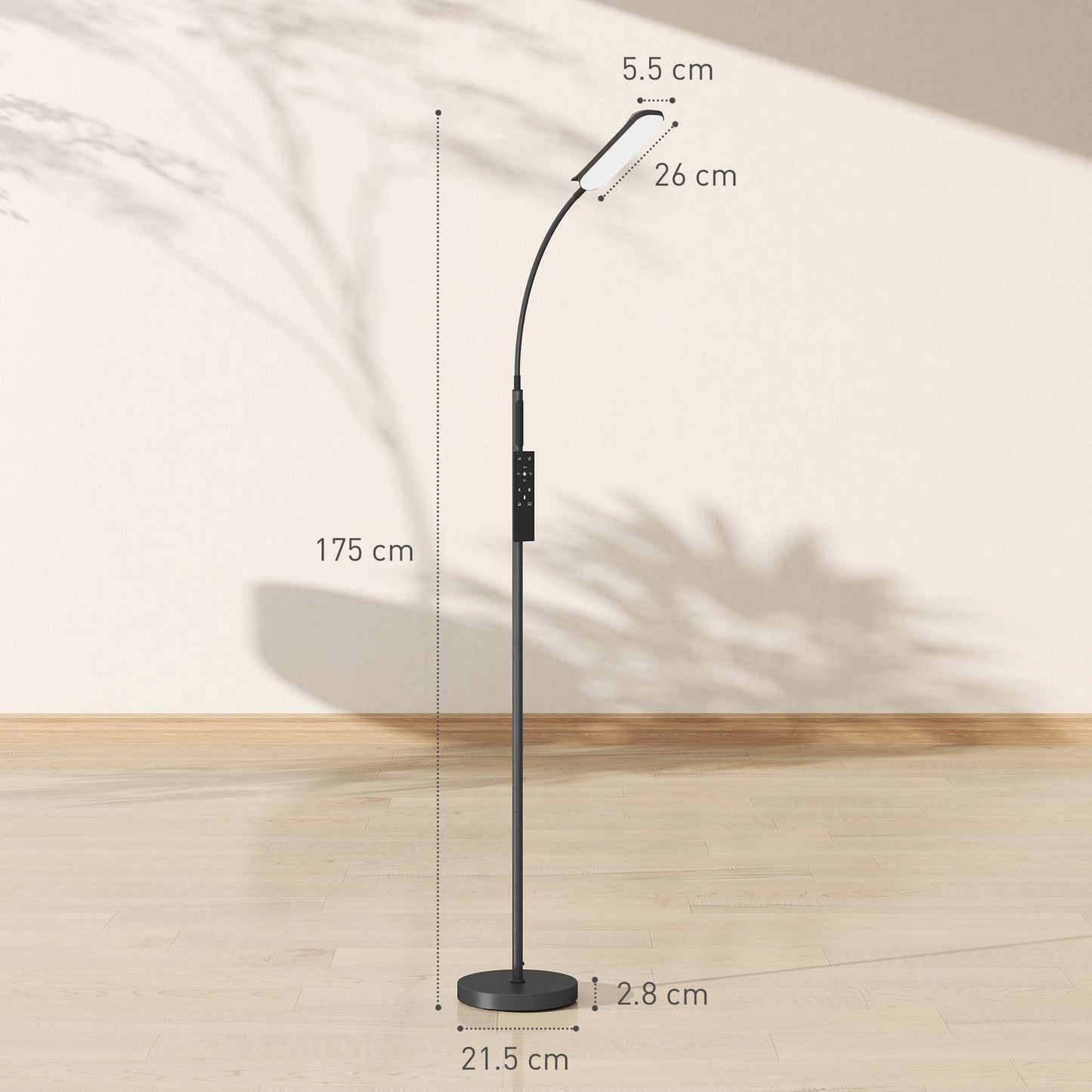 HOMCOM LED Floor Lamp, Standing Lamp with Remote & Touch Control, Stepless Dimmable Colours Temperature & Brightness, 360 Adjustable Gooseneck, 1 Hour Timer, Memory Function for Living Room, Black