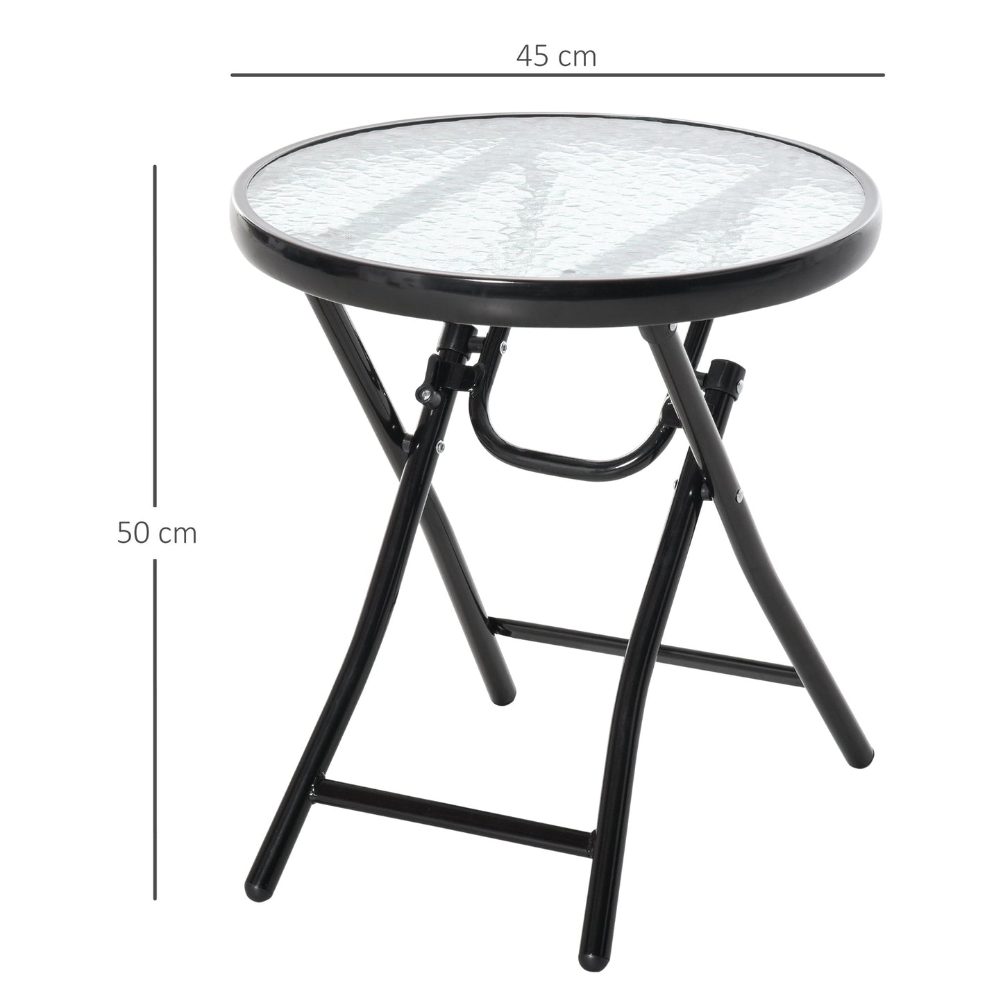 Outsunny Foldable Garden Table, Round Folding Table with Glass Tabletop and Safety Buckle for Patio, Garden, Outdoor, Indoor, Black