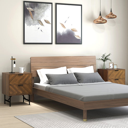 HOMCOM Bedside Table Set of 2 with 2 Drawers, Modern Side Tables with Herringbone Pattern and Metal Legs for Bedroom, Living Room, Walnut Brown