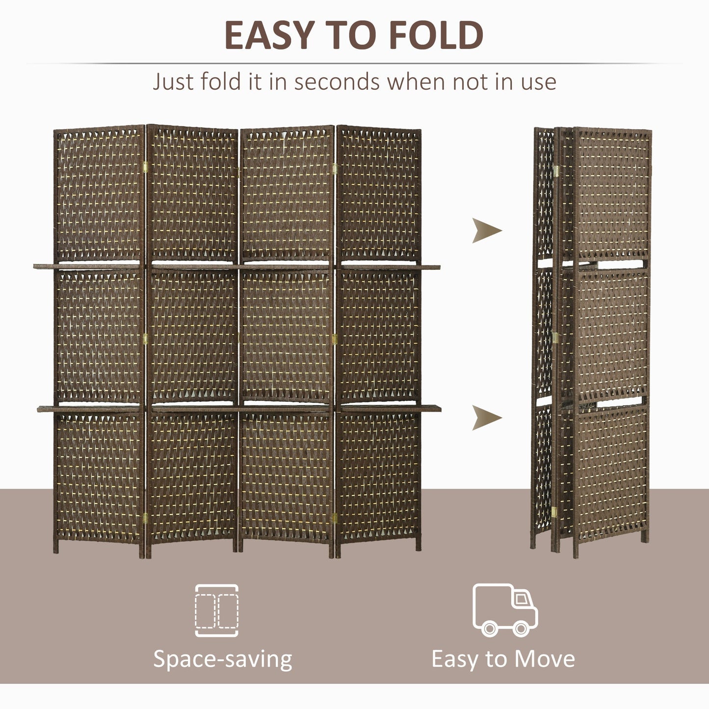 HOMCOM 4-Panel Room Dividers with Shelves, Wave Fibre Freestanding Folding Privacy Screen Panels, Partition Wall Divider for Indoor Bedroom Office, 180√Ç cm, Brown