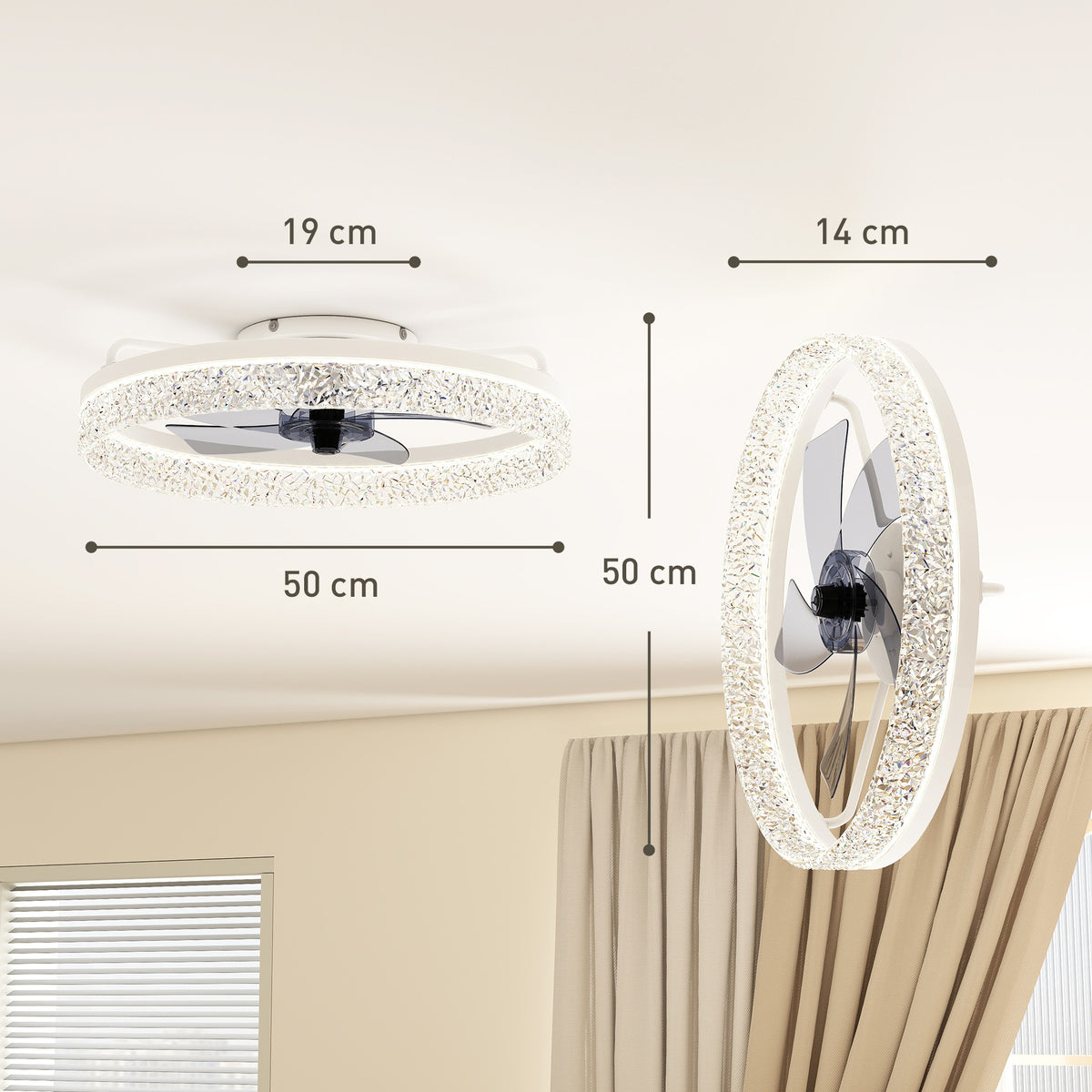HOMCOM Ceiling Fan with Lights, Dimmable LED Mount Ceiling Fan Light with Remote App Control for Bedroom, White