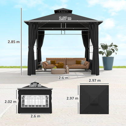 Outsunny 3 x 3 m Altana ogrodowa, podwójny dach metalowy z odłączanymi ścianami bocznymi i oknami kościelnymi, zadaszenie zewnętrzne, czarny