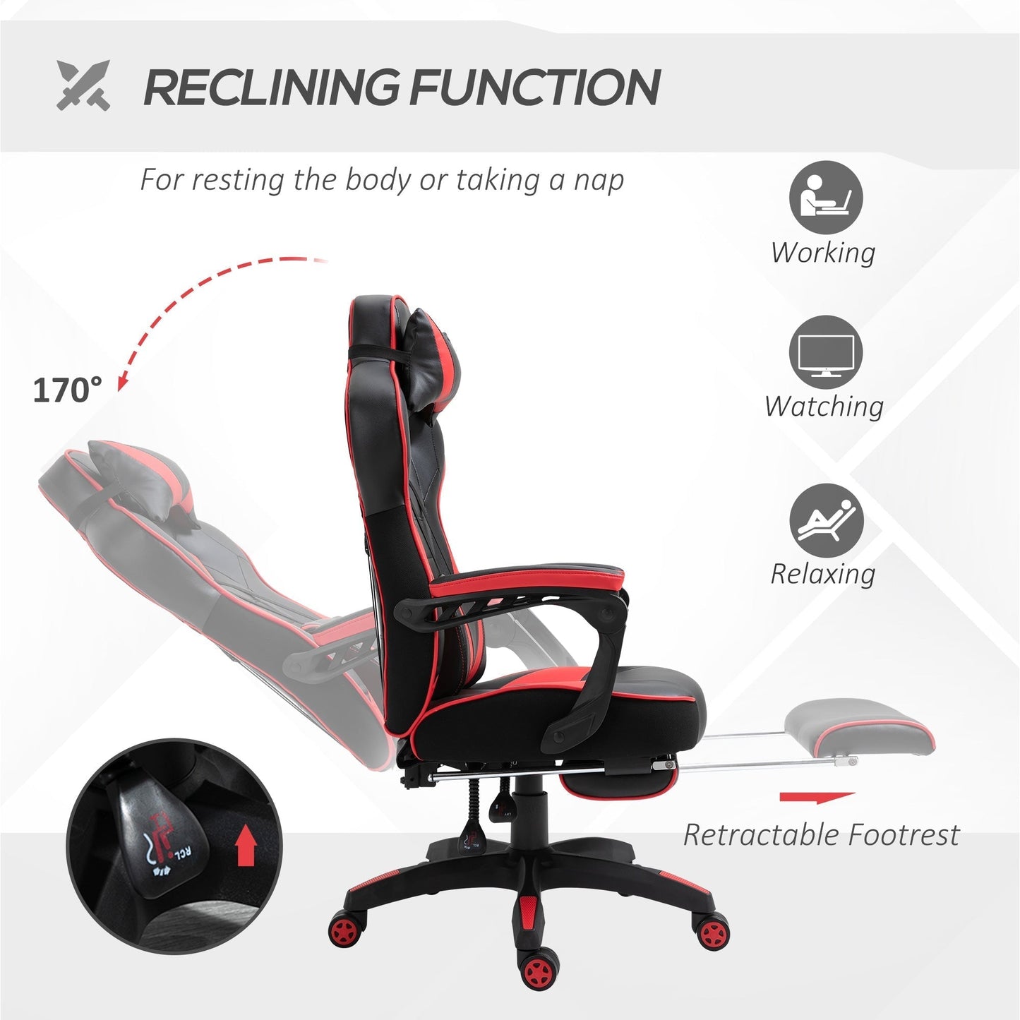 Vinsetto Ergonomic Racing Gaming Chair Office Desk Chair Adjustable Height Recliner with Retractable Footrest Home Office, Red