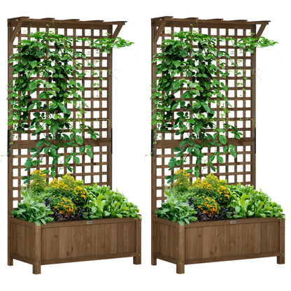 Outsunny 2 Pcs Raised Bed with Drainage Holes, Wood Planter with Trellis for Climbing Plants to Grow Vegetables, Flowers, Brown