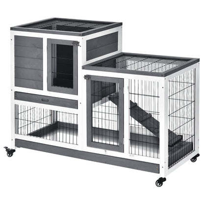 PawHut Wooden Indoor Guinea Pigs Hutches Elevated Cage Habitat with Enclosed Run with Wheels, Ideal for Rabbits and Guinea Pigs, Grey and White