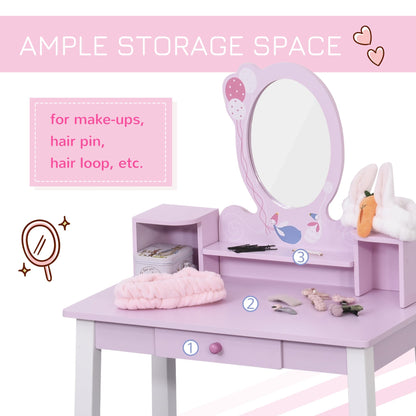 2 Piece Kids Wooden Dressing Table and Stool Girls Vanity Table Makeup Table Set with Mirror Drawers Role Play for Toddlers 3 Year+, Pink White