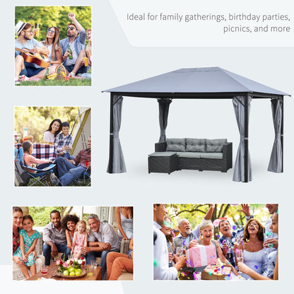 Outsunny 4 x 3(m) Outdoor Gazebo Canopy Party Tent Garden Pavilion Patio Shelter with Curtains, Netting Sidewalls, Grey