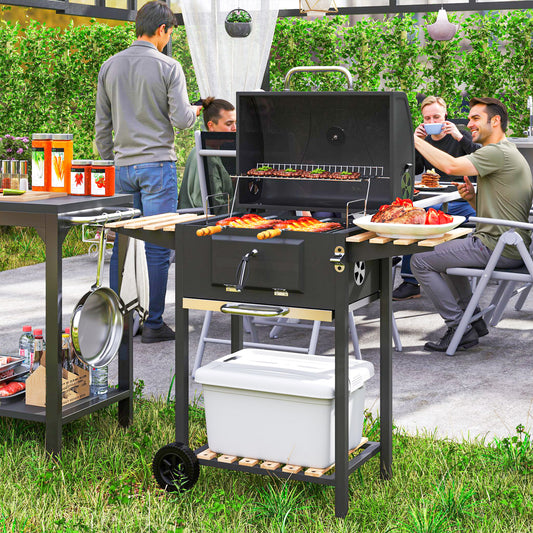 Grill węglowy Outsunny z regulowaną wysokością patelni węglowej, przenośny grill wędzarniczy z rusztem do podgrzewania, 3 półki, wskaźnik temperatury, kółka, otwieracz do butelek do gotowania na świeżym powietrzu, przyjęcie ogrodowe