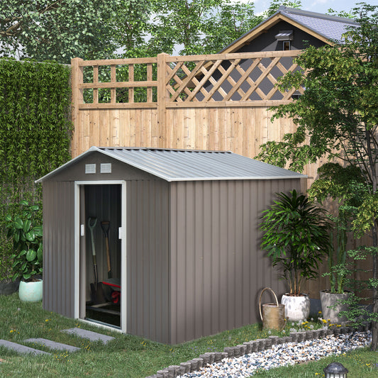 Outsunny 9 x 6FT Outdoor Garden Roofed Metal Storage Shed Tool Box z wentylacją fundamentową i drzwiami Jasny, szary