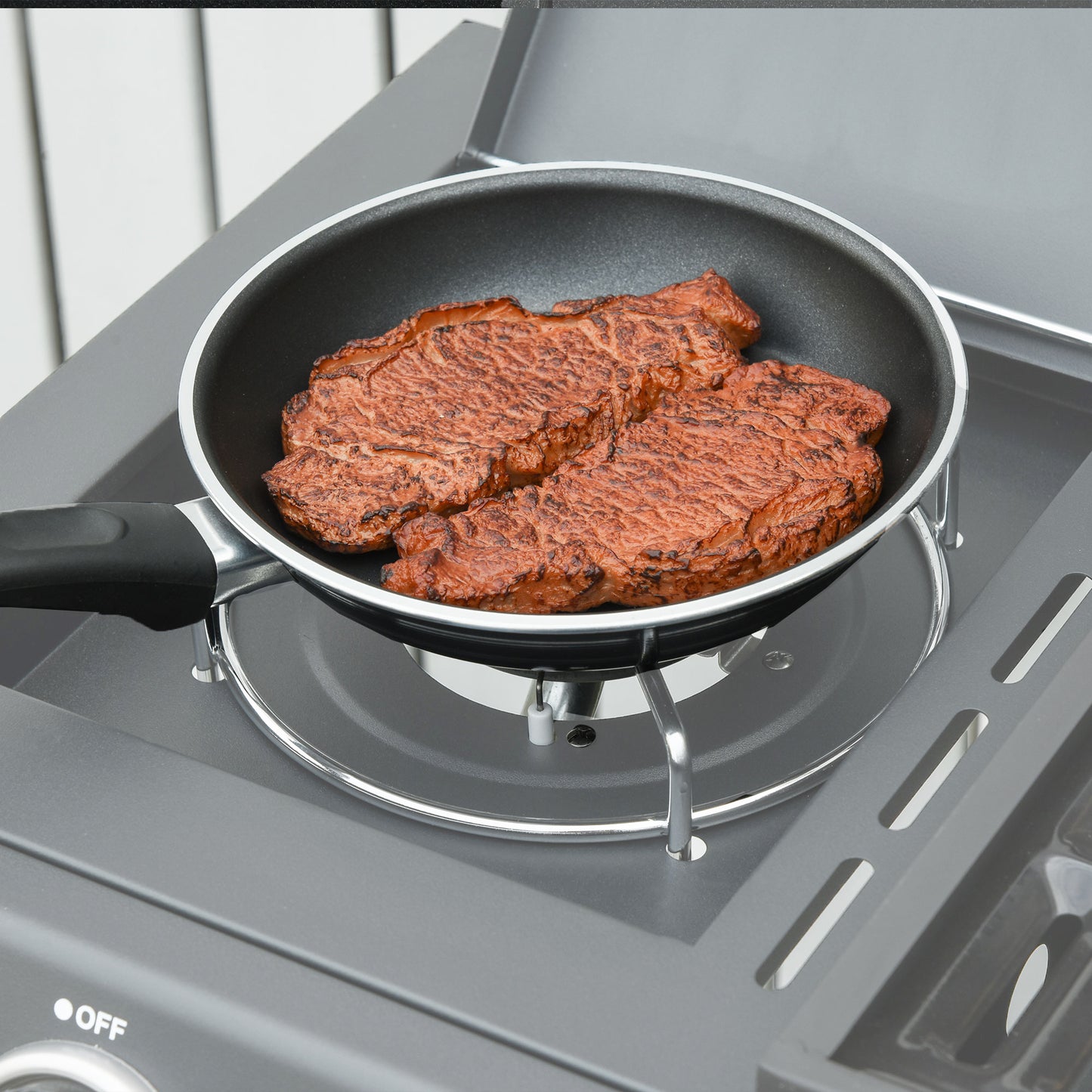 Outsunny 3+1 palnikowy grill gazowy, wózek do grilla na zewnątrz z kółkami, ruszt do podgrzewania, półki boczne, szafka, termometr do ogrodu, na imprezę, kemping, 110L x 50W x 100Hcm, szary