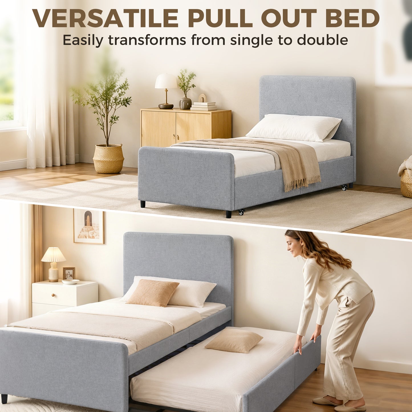 HOMCOM 3ft Single Bed Frame with Trundle, Upholstered Pull Out Trundle Bed with Headboard and Footboard, Light Grey