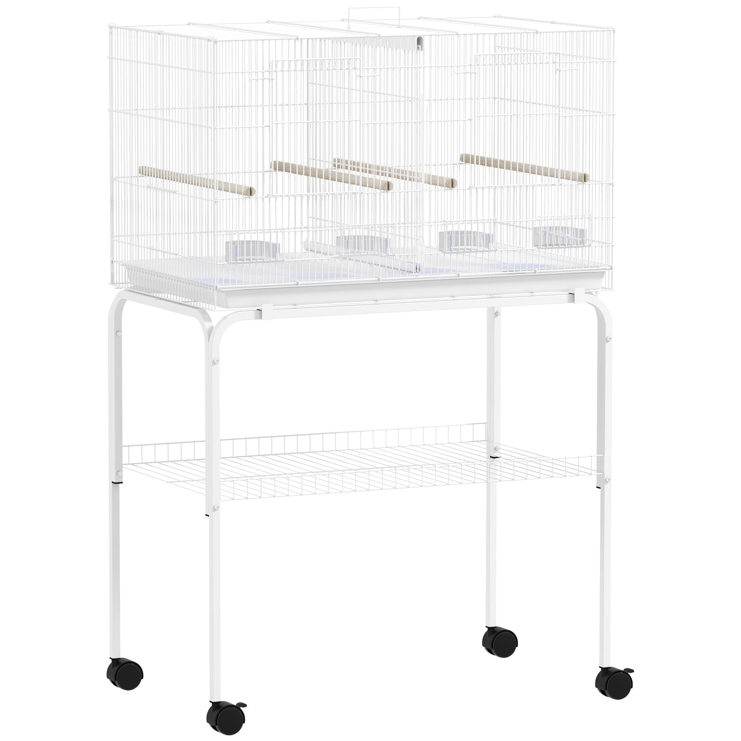 PawHut Bird Cage with Divider, 4 Wooden Perches, Slide Out Tray, 4 Feeders, for Budgie, Lovebird, Canary, 76 x 46 x 116cm White