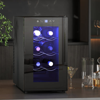 HOMCOM Mini Table Top Wine Fridge, 8 Bottle, 17L, 8-18√¢‚Äû∆í, 26.5cm Quiet Under Counter Wine Cooler Fridge with Glass Door, LED Light, Digital Touch Screen, Temperature Control