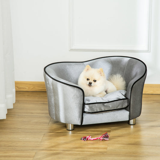 PawHut Dog Sofa Pet Chair, Kitten Bed Couch w/ Drewniana rama, zdejmowana poduszka - Srebrny i szary