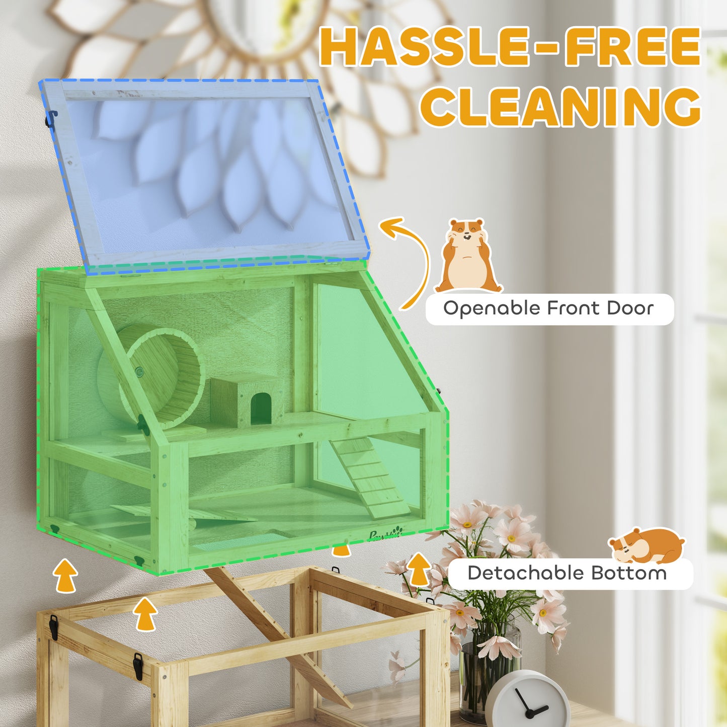 PawHut Wooden Hamster Cage with Detachable 32cm Deep Bottom, Hut, Seesaw, Exercise Wheel, Ramp, 60 x 40 x 75cm
