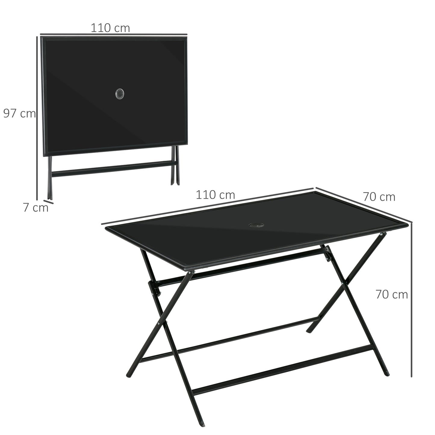 Outsunny Folding Outdoor Dining Table for 6, Rectangle Garden Table Tempered Glass Top with Parasol Hole Garden Lawn Backyard, 110 x 70 x 70 cm