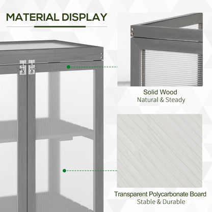 Outsunny 3-tier Cold Frame with Openable Top Cover and Double Doors, Garden Wooden Greenhouse with Storage Shelf, Polycarbonate Grow House for Plants, Flowers, Dark Grey