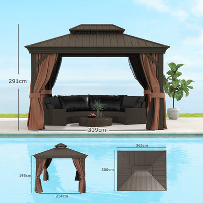 Outsunny 3 x 3,7 m Zewnętrzna altanka Hardtop z aluminiową ramą i dwupoziomowym dachem oraz ścianami bocznymi z siatki na patio, ciemnobrązowa