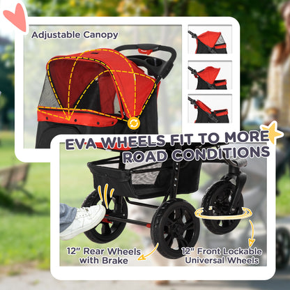 PawHut Dog Pram Dog Stroller Pet Stroller, 3 Wheels Dog Pushchair with Brake, for Small Miniature Dogs, Cats, Red