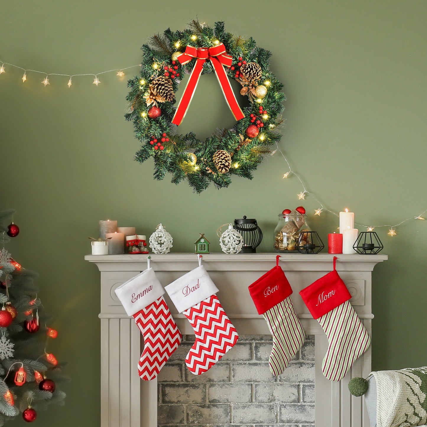 HOMCOM 60cm Pre-Lit Artificial Christmas Door Wreath Holly LED Decor Pine Cones Hanging Glittered Festival Indoor Outdoor Decoration
