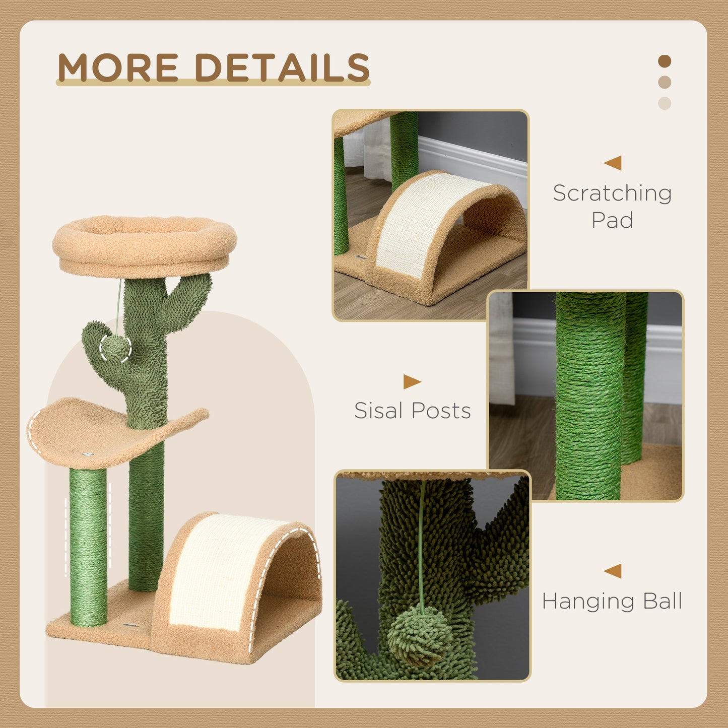 PawHut 72cm Cat Tree, with Top Bed, Curved Pad, Sisal Scratching Post - Beige & Green