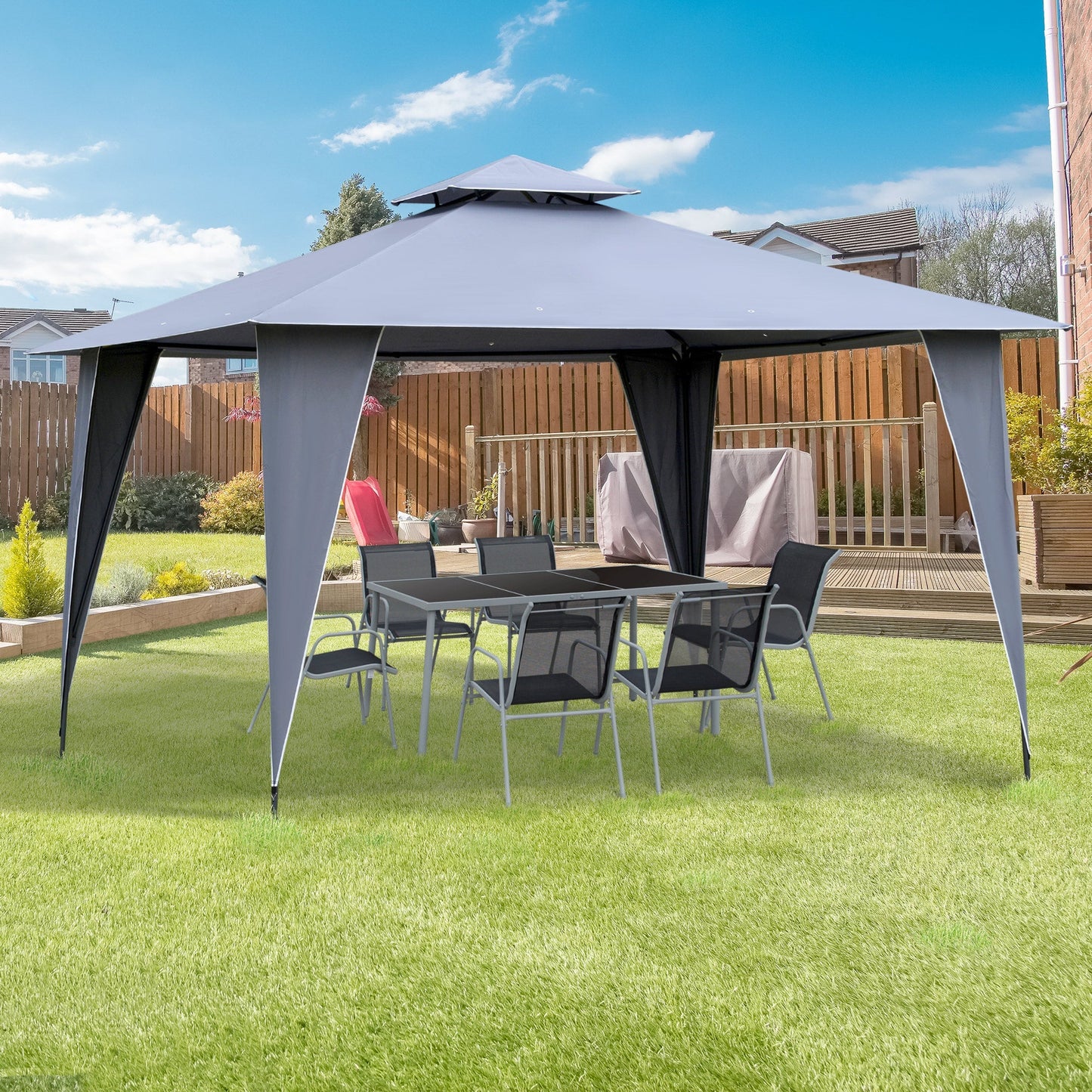 Outsunny 3.5 x 3.5m Side-Less Outdoor Canopy Tent Gazebo w/ 2-Tier Roof Steel Frame Garden Party Gathering Shelter Grey