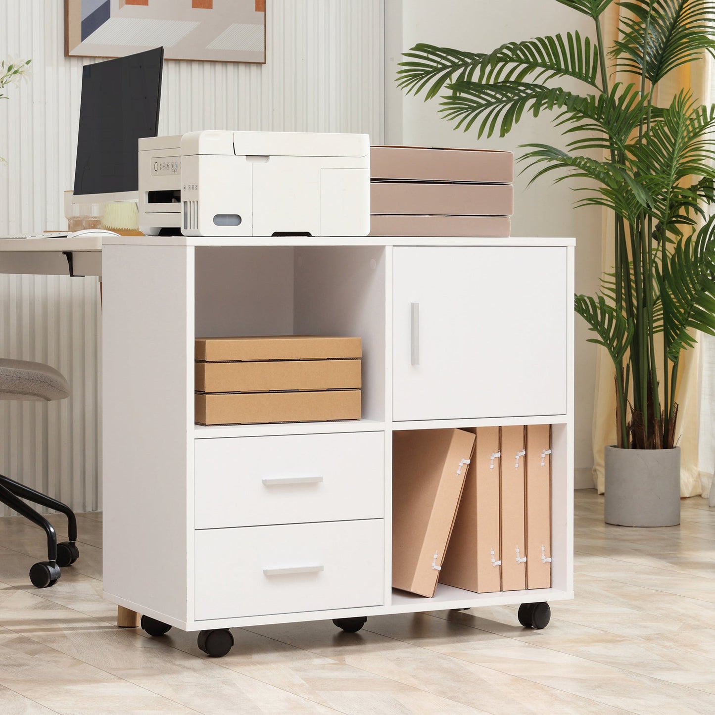 Vinsetto Printer Stand with Wheels, Mobile Printer Table with Open Shelves, Drawers and Enclosed Compartment for Home Office, 80W x 38.5D x 74.5Hcm, White