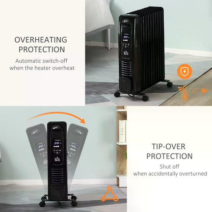 HOMCOM 2500W Digital Display Oil Filled Radiator, 11Fin Portable Electric Heater with Timer, Adjustable Thermostat, Three Heat settings, Safety Cut Off, Remote, Black