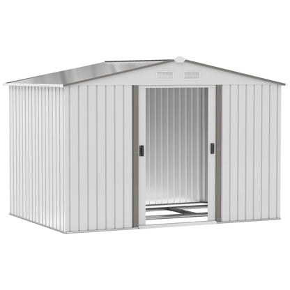 Outsunny 9 x 6FT Garden Storage Shed, Metal Outdoor Storage Shed House with Floor Foundation, Ventilation & Doors, Grey