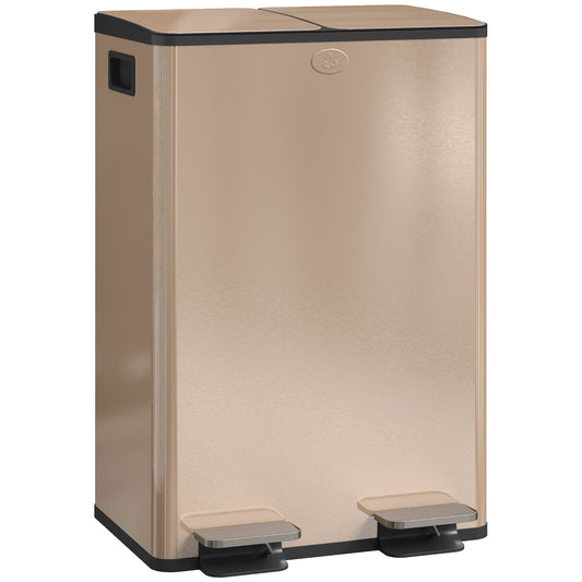 HOMCOM 56L Dual Compartment Stainless Steel Bin, with Deodoriser Holders - Gold Tone