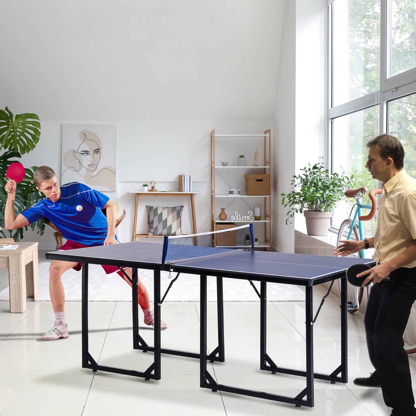HOMCOM 6ft 182cm Mini Table Tennis Table Folding Ping Pong Table with Net Multi-Use Table for Indoor Outdoor Game, Blue