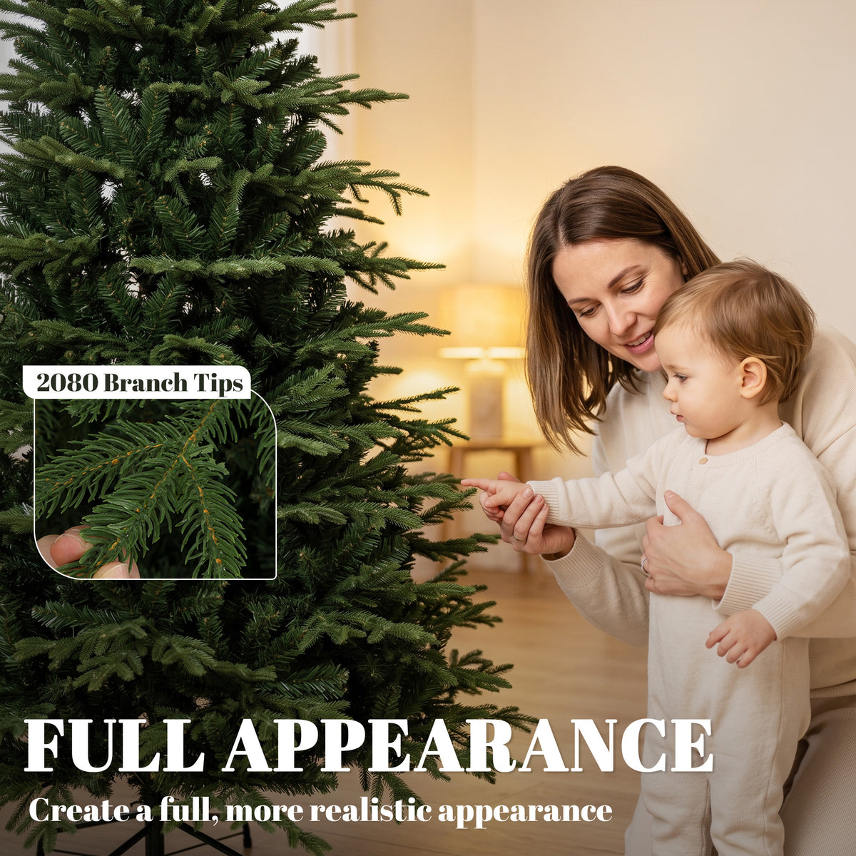 HOMCOM 7ft Artificial Christmas Tree with 2080 Realistic Tips, Hinged Xmas Tree with Wide Shape for Home Office, Green
