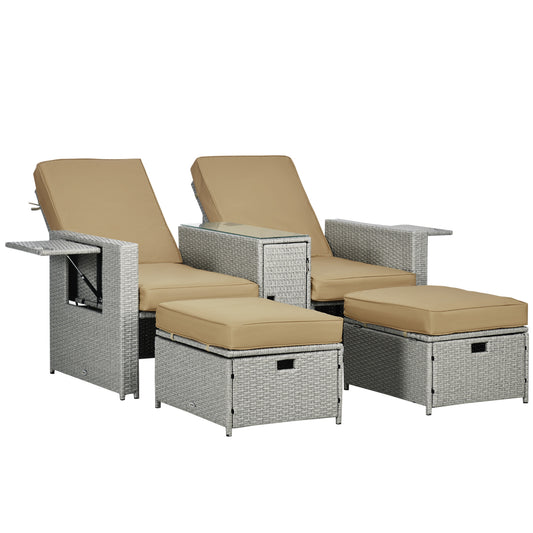 Outsunny 5PC PE Rattan Leżak, Zewnętrzna wiklina 5-poziomowa Regulowana Sofa Rozkładana z Bocznym Stolikiem i Podnóżkami, Na Patio, Do Ogrodu, Przy Basenie, Beżowy