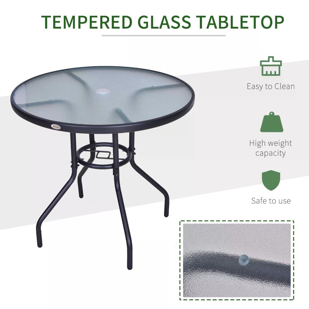 Outsunny Outdoor _80cm Round Dining Table Tempered Glass Top Steel Frame Bistro Coffee End Side Table Garden w/ Parasol Hole