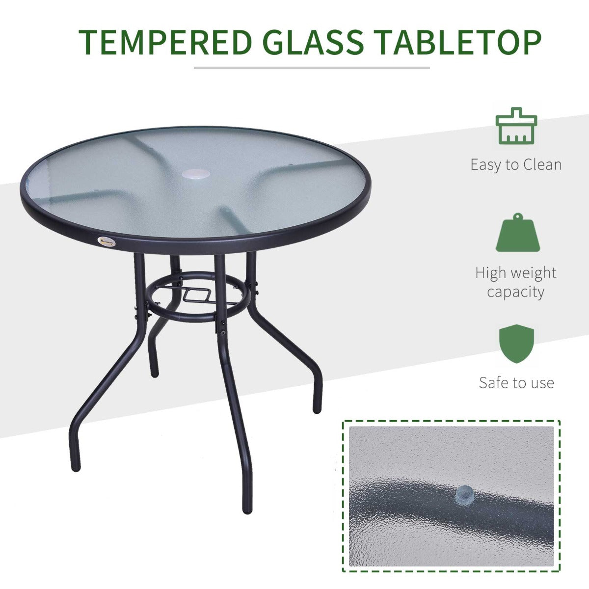 Outsunny Outdoor Round Dining Table Tempered Glass Top Steel Garden Table w/ Parasol Hole 80cm