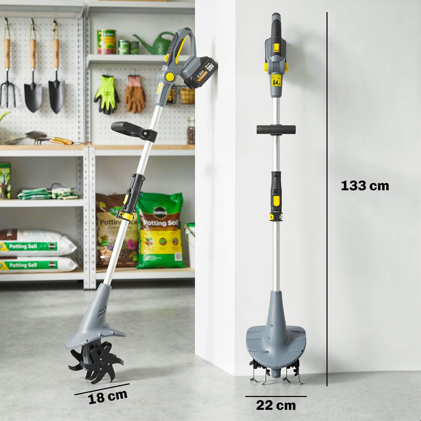 Outsunny Cordless Tiller, 18V Electric Garden Rotavator with 2 x 4000mAh Batteries, Charger, 20cm Tilling Width & 18cm Depth