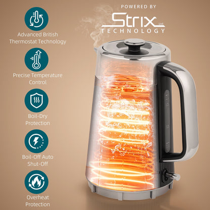 HOMCOM Electric Stainless Steel Kettle and Toaster Set, 3000W 1.7L UK Strix Thermostat Fast Boil Kettle w/ Limescale Filter, Cool Touch Body, 4 Slice Toaster with 7 Browning Levels, Crumb Tray, Black