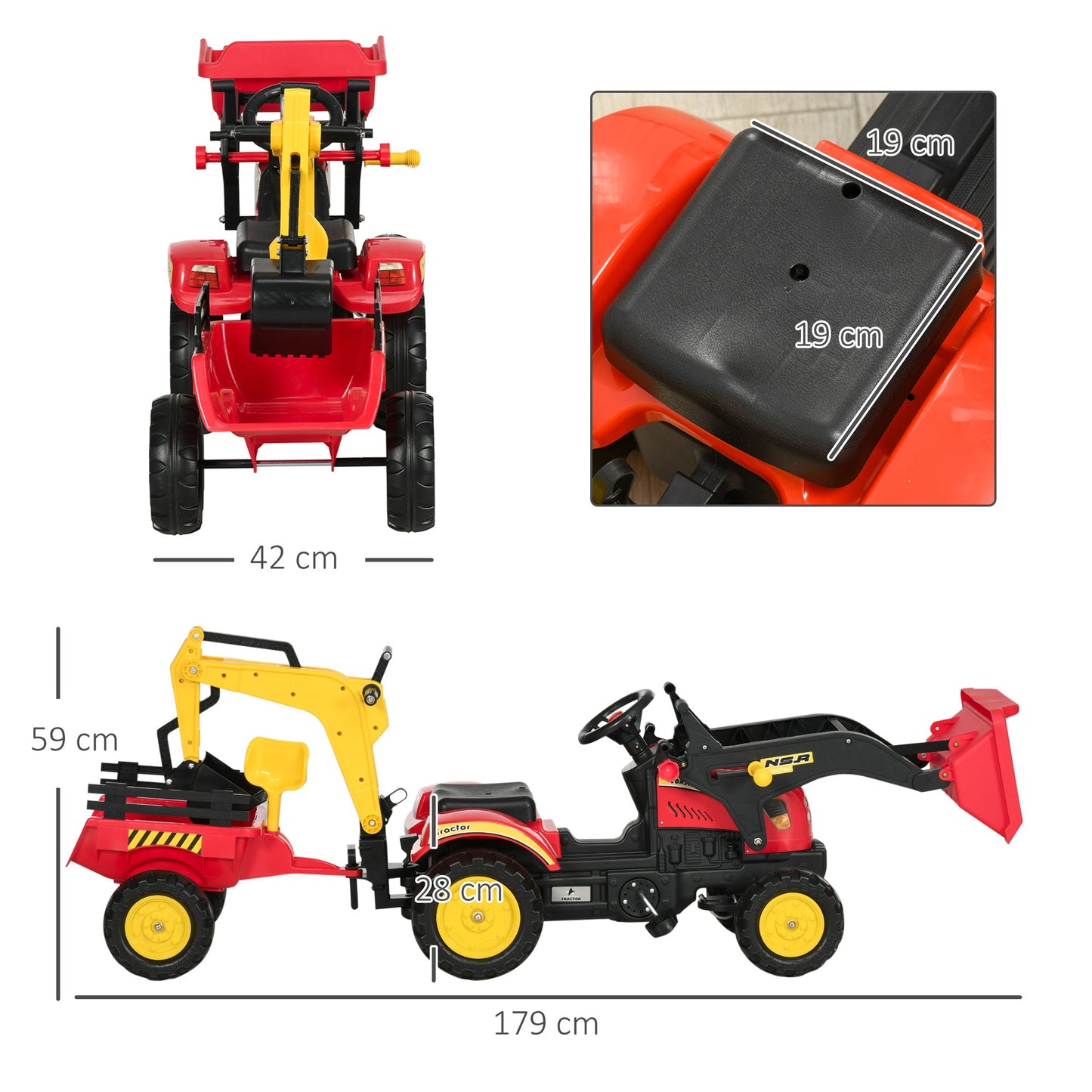 HOMCOM Kids Dziecięcy Gokart na pedały Zabawka Samochód Koparka Traktor z Ruchomą Łyżką Kierownica Zdejmowana Koparka Dla Dzieci w Wieku 3-6 Lat