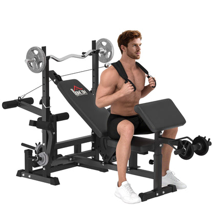 HOMCOM Weight Bench, 6 in 1 Adjustable Bench Press with Leg Extension, Barbell Rack, Preacher Curl Pad, Resistance Band, Multi-Function Home Gym Equipment for Strength Training Weightlifting