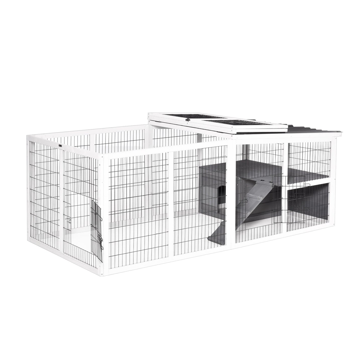 PawHut Rabbit Run Outdoor Rabbit Hutch Wooden Guinea Pig Cage with Openable Roof, Ramp, for 2-4 Rabbits, 200L x 100W x 75H cm - Grey