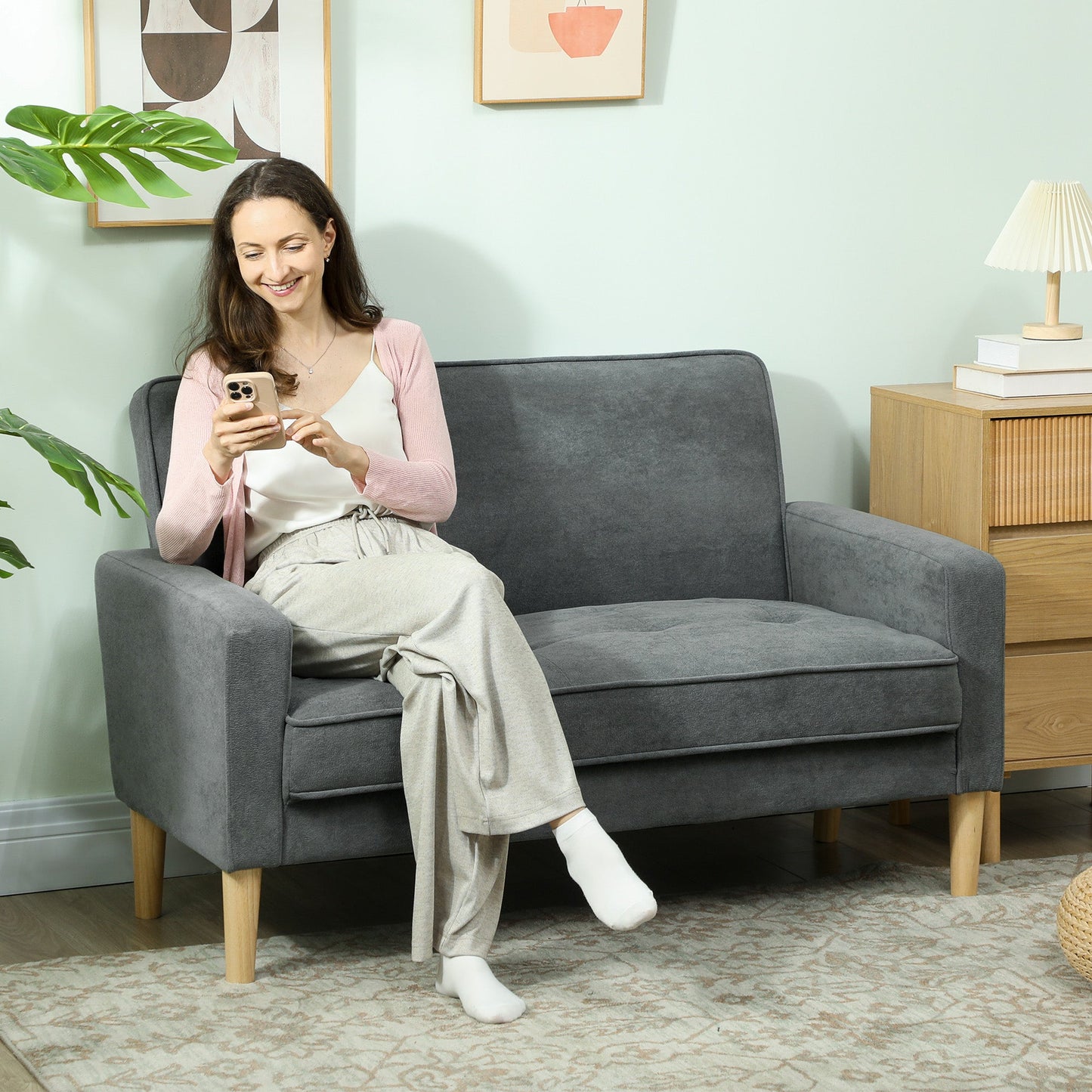 HOMCOM Two-Seater Velvet-Feel Sofa - Grey