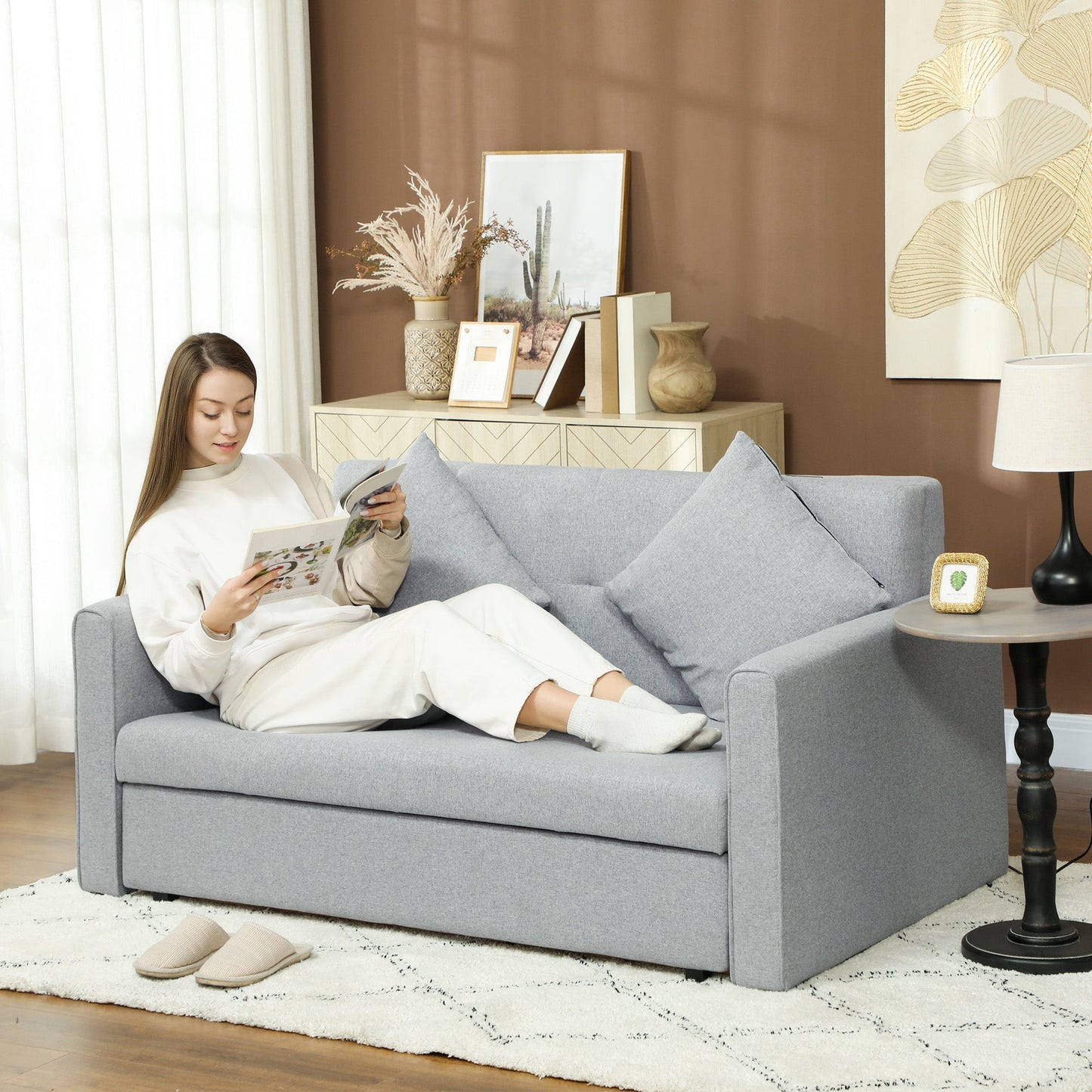 HOMCOM 2 Seater Sofa Bed with Hidden Storage, Pull Out Convertible Bed Settee, Modern Linen Loveseat Sofa Sleeper with 2 Cushions for Living Room, Guest Room, Light Grey