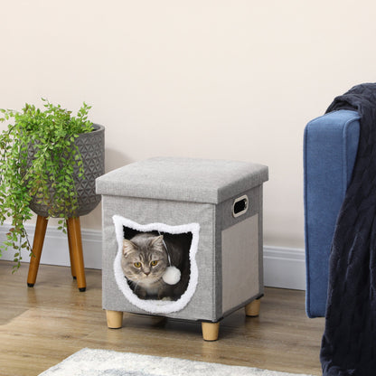 PawHut 2 in 1 Cat Bed Ottoman, Comfortable Cat Sleeping Cave House w/ Removable Cushion, Scratching Pad, Handles, Anti-Slip Foot Pad, Toy Ball, Entrance - Grey